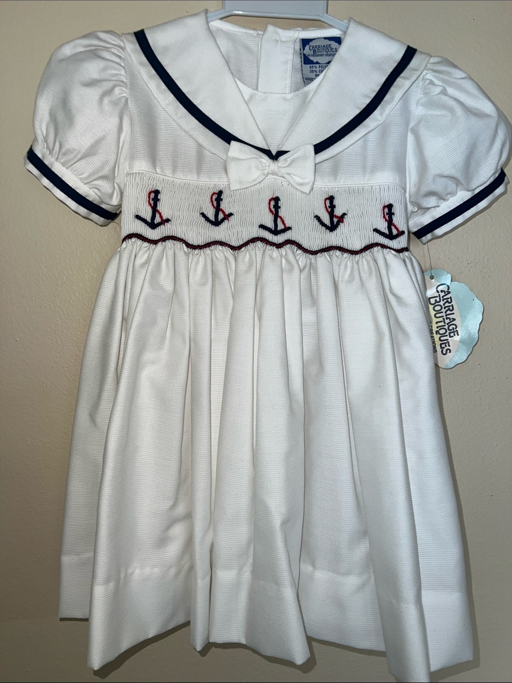 Vintage Classic Carriage Boutique White Nautical Anchor Smocked Dress